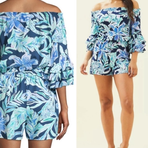 Lilly Pulitzer Blue Teal Calla Off The Shoulder Romper - Picture 13 of 14